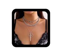 Yienate Collana girocollo punk a strati in argento con ciondolo a forma di spada vintage, collana gotica abbinata a forma di spada attraverso cerchio, collane multistrato con catena cubana grossa