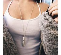 Yienate - Collana stile boho con ciondolo a forma di piuma, color argento; raffinata collana lunga con ciondolo a forma di foglia, stile gipsy, da donna e ragazza