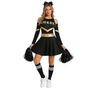 Yiesvsov Adulti Vestito Cheer Leader Donna Cheerleading Costume Uniforme Di Cheerleading Set Top Corto Outfit Pon Pon Color Block Carnevale Oro nero XXL