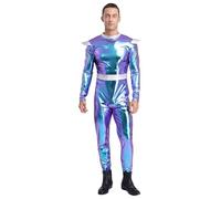 Yiesvsov Costume alieno metallizzato manica mosca tuta intera festa di Halloween robot astronauta spaziale costume blu 3XL