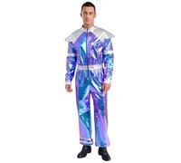 Yiesvsov Costume da astronauta spaziale da uomo, tuta da alieno metallizzato, lucido, un pezzo, per Halloween, carnevale, blu, XL