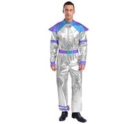 Yiesvsov Costume da astronauta spaziale da uomo, tuta da alieno metallizzato, lucido, un pezzo, per Halloween, carnevale, argento, XL