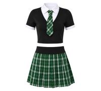Yiesvsov Costume da scolaretta per donna, set da 2 pezzi | Vestito da scolaretta con mini gonna scozzese con cravatta, cravatta a quadri abbinata, abito rave, top corto e minigonna