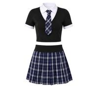 Yiesvsov Costume da scolaretta per donna, set da 2 pezzi | Vestito da scolaretta con mini gonna scozzese con cravatta, cravatta a quadri abbinata, abito rave, top corto e minigonna
