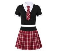 Yiesvsov Costume da scolaretta per donna, set da 2 pezzi | Vestito da scolaretta con mini gonna scozzese con cravatta, cravatta a quadri abbinata, abito rave, top corto e minigonna
