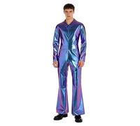 Yiesvsov Costumi da discoteca anni '70 da uomo, tuta hippie metallizzata lucida, tuta da star del cinema, body per Halloween, blu S