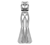 Yiesvsov Donna Costumi Due Pezzi Set Top Corto E Pantaloni Gambo Largo Costumi Feste Edm Carnevale Gioco Ruolo Tuta Ginnastica Estiva Club Argento M