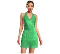 Yiesvsov Women Abito da Ballo Latino con Bretelle A Collo Abito con Frange Abito Scintillante da Ballo Strass Lucente Body da Ginnastica ChaCha Salsa Sala da Ballo Verde M