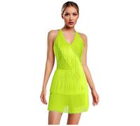 Yiesvsov Women Abito da Ballo Latino con Bretelle A Collo Abito con Frange Abito Scintillante da Ballo Strass Lucente Body da Ginnastica ChaCha Salsa Sala da Ballo Giallo L