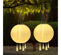 YIFMOO Lampions, 2 lanterne solari da 25 cm, resistenti alle intemperie, a LED, impermeabili, con 4 nappe, lanterna da appendere in nylon per giardini, cortili, balconi, decorazioni per matrimoni