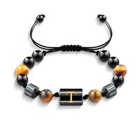 Yifnny Bracciale da uomo con iniziali, Bracciale nero con perline Bracciale ossidiana Bracciale occhio di tigre Bracciale di perline regolabile Regali di gioielleria per uomo (T)