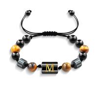 Yifnny Bracciale da uomo con iniziali, Bracciale nero con perline Bracciale ossidiana Bracciale occhio di tigre Bracciale di perline regolabile Regali di gioielleria per uomo (M)