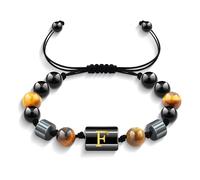 Yifnny Bracciale da uomo con iniziali, Bracciale nero con perline Bracciale ossidiana Bracciale occhio di tigre Bracciale di perline regolabile Regali di gioielleria per uomo (F)
