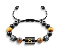 Yifnny Bracciale da uomo con iniziali, Bracciale nero con perline Bracciale ossidiana Bracciale occhio di tigre Bracciale di perline regolabile Regali di gioielleria per uomo (S)