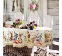 Yighty Tovaglia ovale pasquale 152 x 250 cm, acquerello primaverile floreale e uovo di coniglio, impermeabile, resistente alle pieghe, decorazione per vacanze, cucina, sala da pranzo, primavera