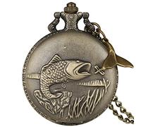 YIHANSS Orologio da tasca al quarzo dal design vivido con intaglio della pesca. Orologio da pesca dal design interessante in bronzo vintage per uomo e donna. Accessorio per pesci