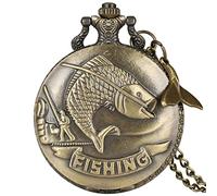 YIHANSS Orologio da tasca al quarzo dal design vivido con intaglio della pesca. Orologio da pesca dal design interessante in bronzo vintage per uomo e donna. Accessorio per pesci