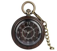 YIHANSS Orologio da tasca al quarzo vintage in legno di ebano e noce con catena in legno, quadrante aperto, orologio leggero FOB per uomo e donna