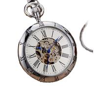 YIHANSS Orologio da tasca meccanico di lusso in argento con carica manuale, in rame, numeri romani, con ciondoli a catena, per uomo e donna