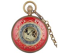 YIHANSS Orologio da tasca meccanico Tourbillon grande retrò in rame rosso e blu con catena, moda retrò, carica manuale, doppio cacciatore