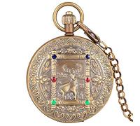 YIHANSS Orologio da tasca meccanico vintage con tourbillon a fase solare, con design a fiori, alce e cervo in rame puro, stesso orologio da cacciatore doppio completo con catena