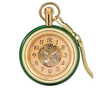 YIHANSS Superbo orologio da tasca meccanico automatico dorato in giada con carica automatica, quadrante scheletrato, catena FOB di lusso con catena a serpente