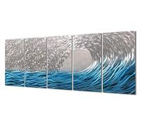 Yihui Arts Arte da parete in metallo blu, decorazione su larga scala in design astratto oceano, arte murale 3D per arredamento moderno e contemporaneo, 5 pannelli misura 61 x 162,6 cm, ideale per