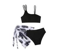 Yihuimin Bimbo Costume da Bagno Pezzi Bikini Set Colore Puro Top Spalline Regolabili Slip Lacci Blusa Stampata Nero 10-11 Anni