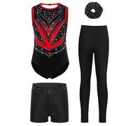 Yihuimin Giacca Da Ginnastica Per Bambina Tuta Scintillante Leggings Fazzoletto Per La Testa Shorts Abiti Per Pattinaggio Artistico Per Competizioni Insieme Rosso 9-10 anni