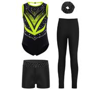 Yihuimin Giacca Da Ginnastica Per Bambina Tuta Scintillante Leggings Fazzoletto Per La Testa Shorts Abiti Per Pattinaggio Artistico Per Competizioni Insieme Verde fluorescente 5-6 anni