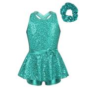 Yihuimin Moderno Jazz Danza Insieme Bambina Bambini Body Paillettes Chouchou Capelli Body Ginnastica Brillanti Tuta Pattinaggio Artistico Anni Lago Verde 9-10 anni