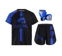 Yihuimin Set da Boxe Bambini Ragazzo Pantaloncini E Maglietta Guanti da Boxe Combattimento Muay Thai MMA Kick Boxing Sport Anni Blu 11-12 Anni