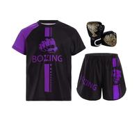 Yihuimin Set da Boxe Bambini Ragazzo Pantaloncini E Maglietta Guanti da Boxe Combattimento Muay Thai MMA Kick Boxing Sport Anni Viola e Nero 7-8 Anni