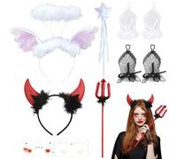 YiiHHooN Costume da Diavolo per Donna, Set da 8 Pezzi con Corna da Diavolo e Cerchietto da Angelo, Halloween Costume Donna da Diavoletta Accessori per Carnevale Cosplay Mascherata
