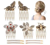 YiiHHooN Pettini Laterali per Capelli Vintage per Donna Decorativi, 5 Pettini Laterali da Inserire e 4 Clip Capelli con Strass Artificiali, Farfalla Fiore Ape Accessori Capelli Forcine