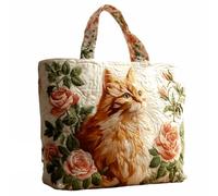 yijan Handmade Cat and Rose Quilted Tote Bag - Original Patchwork Floral Shoulder Bag for Daily Use & Travel (Short Bag(15x14inch))