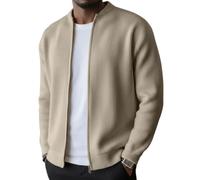 yijan Men's Ribbed Stand Collar Zip Jacket Casual Long Sleeve Lightweight Coat (Khaki,S)