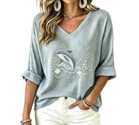 yijan Women's Waffle Knit V Neck Printed Top 3/4 Sleeve Casual Blouse (Dolphin,XXL)