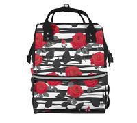 YIJIAYUN Elegante zaino per mummia con stampa a righe bianche e nere e rose rosse, grande, impermeabile, cinghie regolabili per attività all'aperto