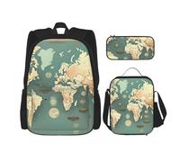YIJIAYUN Set da 3 pezzi con mappa del mondo retrò per studenti: borsa per la scuola, astuccio, borsa per il pranzo