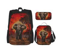YIJIAYUN Set da 3 pezzi con stampa di elefanti e tramonto per studenti: borsa da scuol astuccio+borsa per il pranzo combinazione