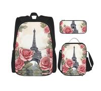 YIJIAYUN Set da 3 pezzi per la scuola con stampa di rose e torre Eiffel per studenti: borsa da scuol astuccio+borsa per il pranzo combinazione