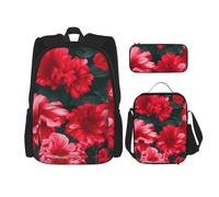 YIJIAYUN Set da 3 pezzi per studenti con stampa di fiori rossi e rosa essenziali: borsa per la scuola, astuccio e borsa per il pranzo