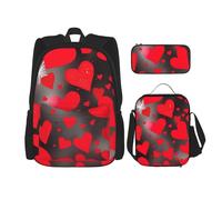 YIJIAYUN Set da 3 pezzi per studenti con stampa di fuochi d'artificio a cuori rossi: borsa per la scuol astuccio+borsa per il pranzo combinazione