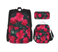 YIJIAYUN Set da 3 pezzi per studenti con stampa floreale rossa e rosa, per studenti: borsa per la scuol astuccio + borsa per il pranzo