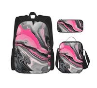 YIJIAYUN Set di 3 pezzi per la scuola con stampa artistica rosa astratta marmo grigio per studenti: borsa da scuol astuccio+borsa per il pranzo combinazione