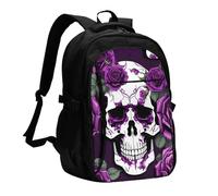 YIJIAYUN Zaino USB per computer portatile, con stampa di scheletro rosa viola, con porta di ricarica e jack per cuffie, per lavoro, affari, scuola