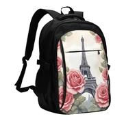 YIJIAYUN Zaino USB per computer portatile, Torre Eiffel, con stampa di rose e porta di ricarica e jack per cuffie, per lavoro, lavoro, scuola