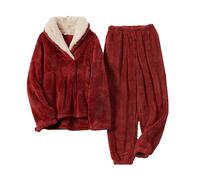 YIJOY Pigiama in Pile Corallo Donna Autunno E Inverno Pigiama in Flanella Pigiama Set Ispessimento Lounge Sleepwear Sets Sleepwear,Red,XXL