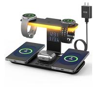 YiJYi 2026 - Caricatore wireless magnetico doppio per Samsung, 7 in 1 per stazione di ricarica Samsung, doppio telefono da 45 W con due stili di luce e orologio, per Samsung S25, Galaxy Buds per